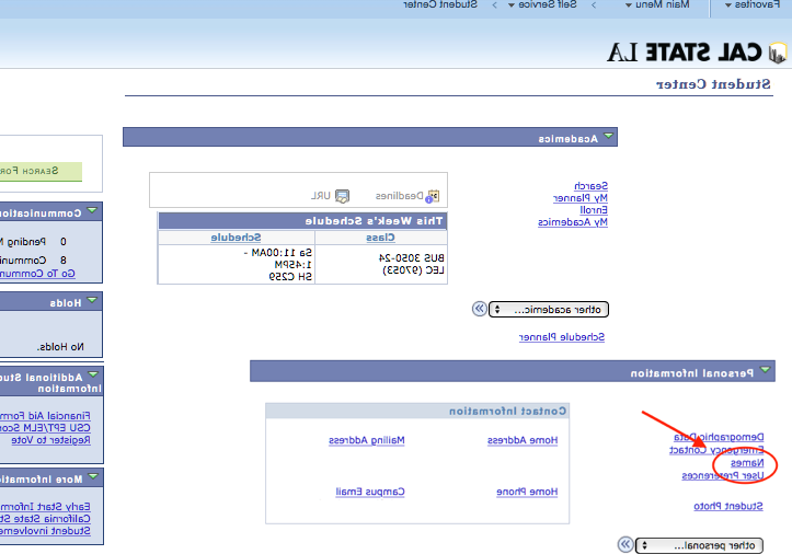 Screenshot of Student Center with 的名字 link highlighted