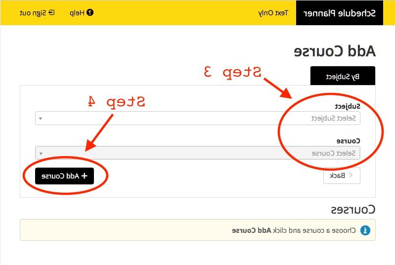 时间表计划与标题添加课程的屏幕截图. 突出显示的是步骤3和步骤4，即选择Subject并单击添加课程按钮