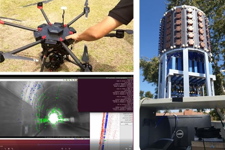 Three image collage. Left: A large tower with panels. Top right: a student project; a drone. Bottom right: Software screenshot h